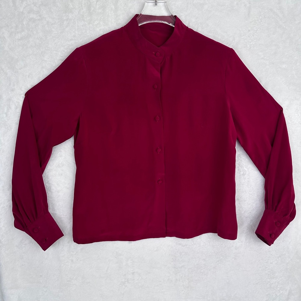 Burgundy Mandarain Collar Long Sleeve Button Up Blouse Womens Size M